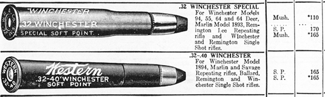 The 32 Special and 32-40 cartridges as listed in the 1939 Stoeger’s Catalog & Handbook. Note that the 32 Special was available with a 110-grain bullet. Remington listed the velocity for the 110-grain loading at 2,550 fps.